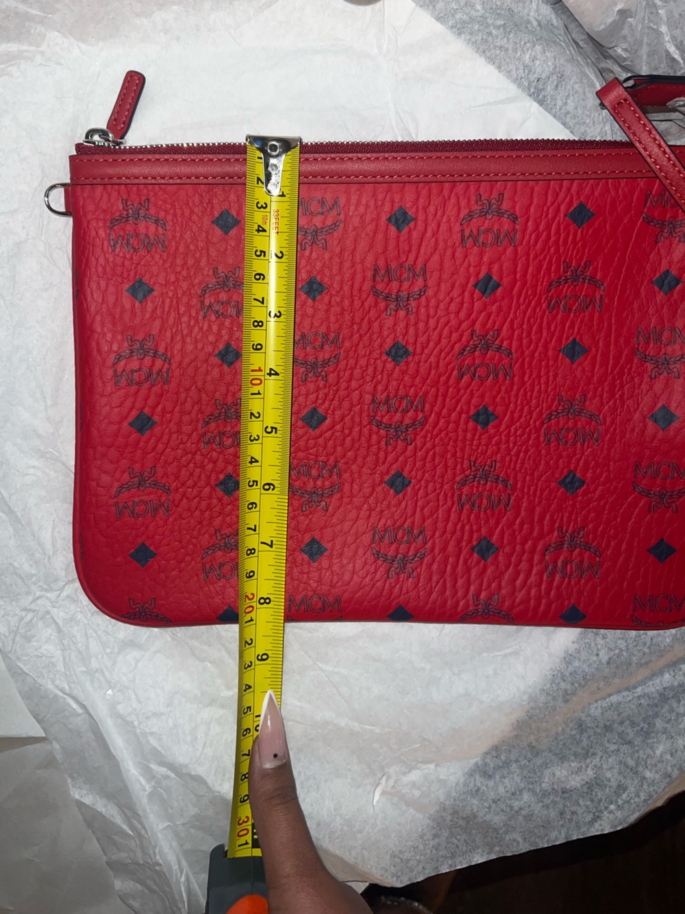 MCM Red Logo Print Leather Wristlet with Navy Accents - Picture 7 of 7